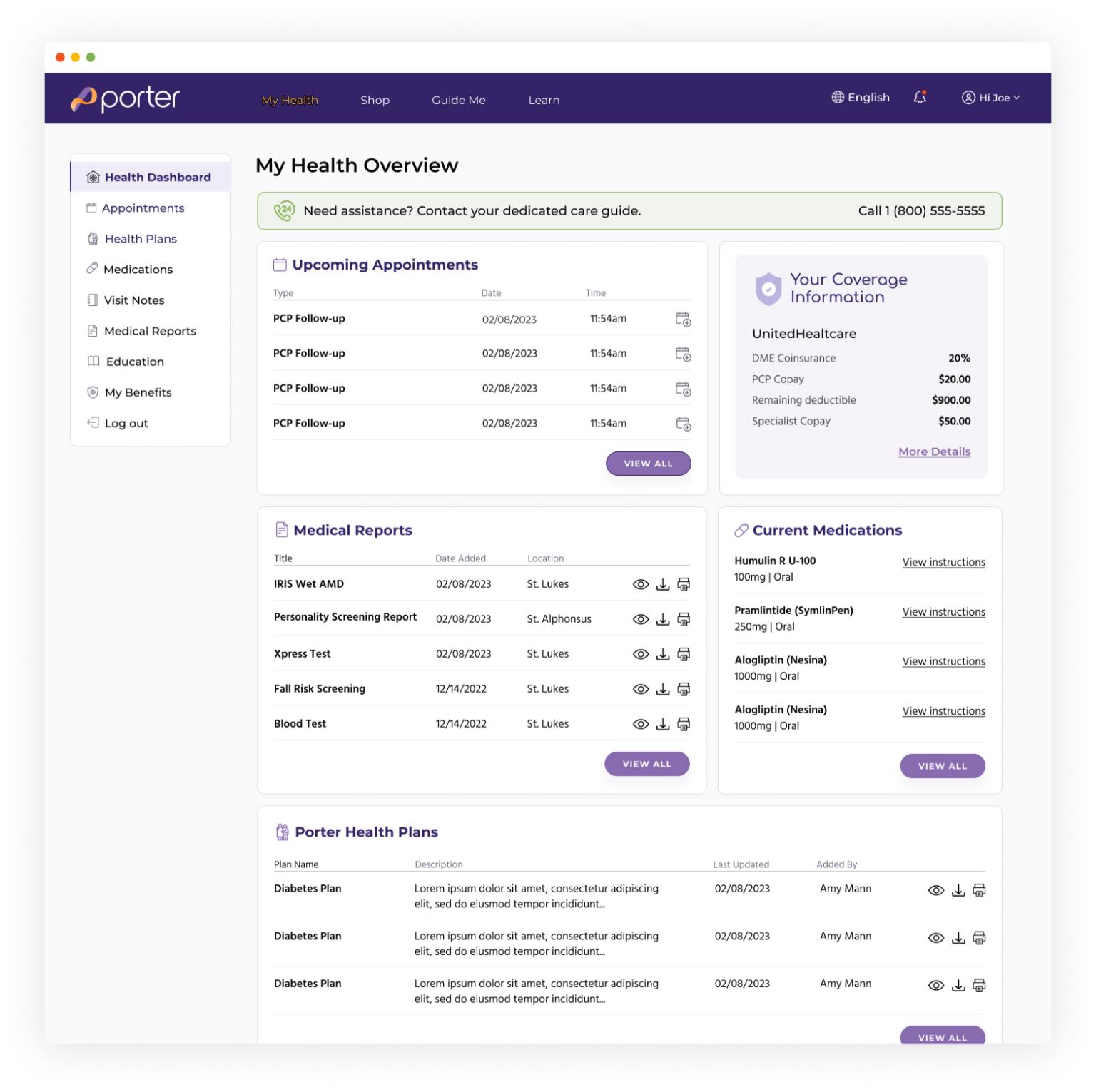 Screenshot of Porter Platform Dashboard with medical data