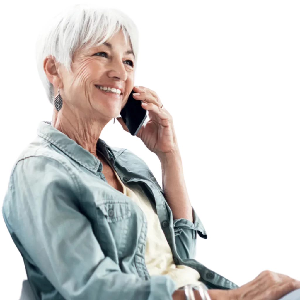 Women on phone with care guide smiling